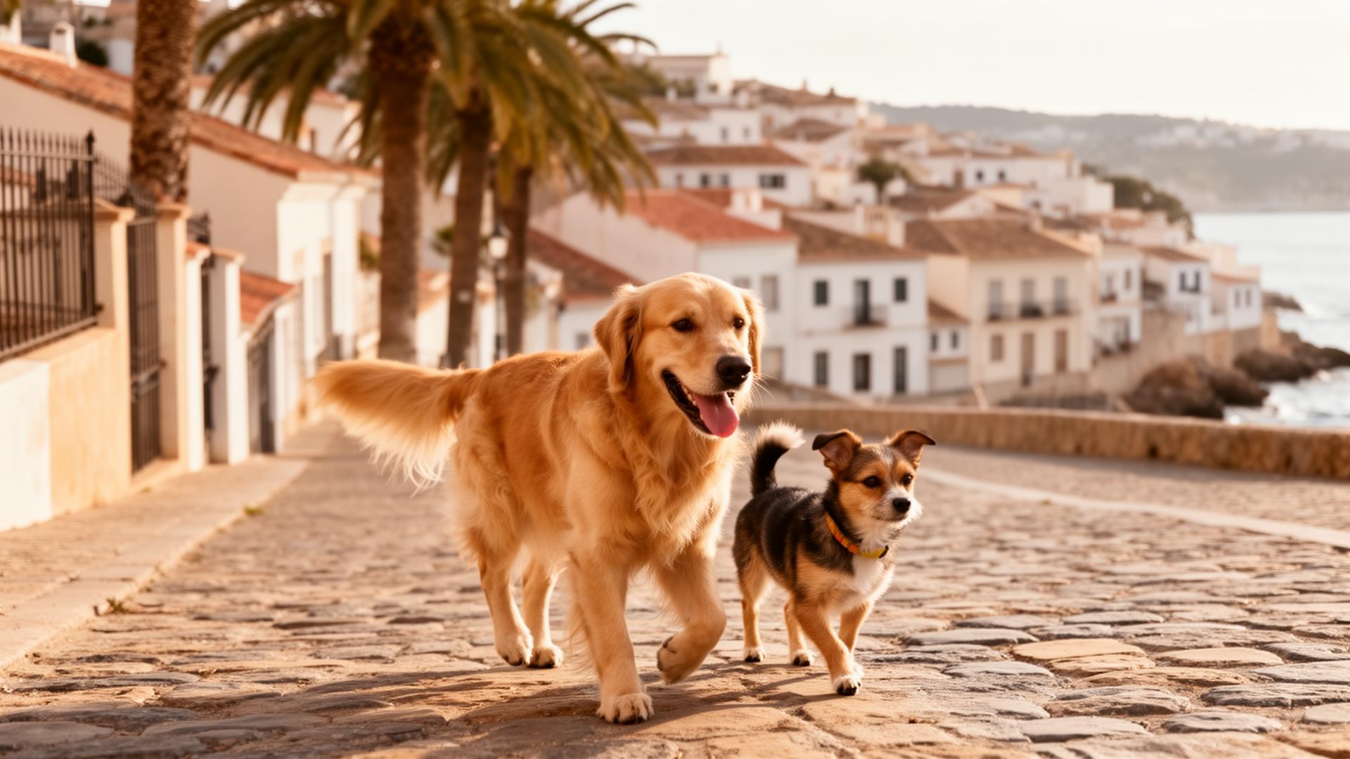Dogs walking in a Spanish coastal town